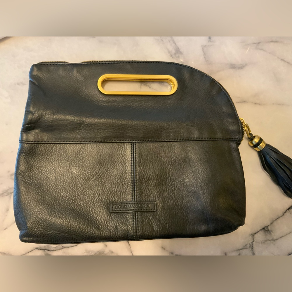 BCBGMaxAzria Black foldable Clutch ,tassel charm with Gold Details. - Picture 8 of 16
